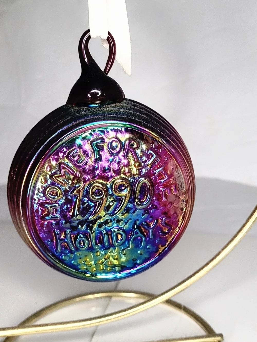 Rare 1990 Home For The Holidays Carnival Glass 3D Ornament - Iridescent Rainbow